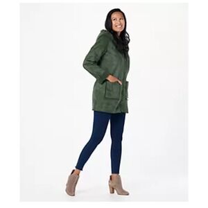 d&co. Denim Company Green Faux Suede Hooded Jacket Coat Medium Pockets‎